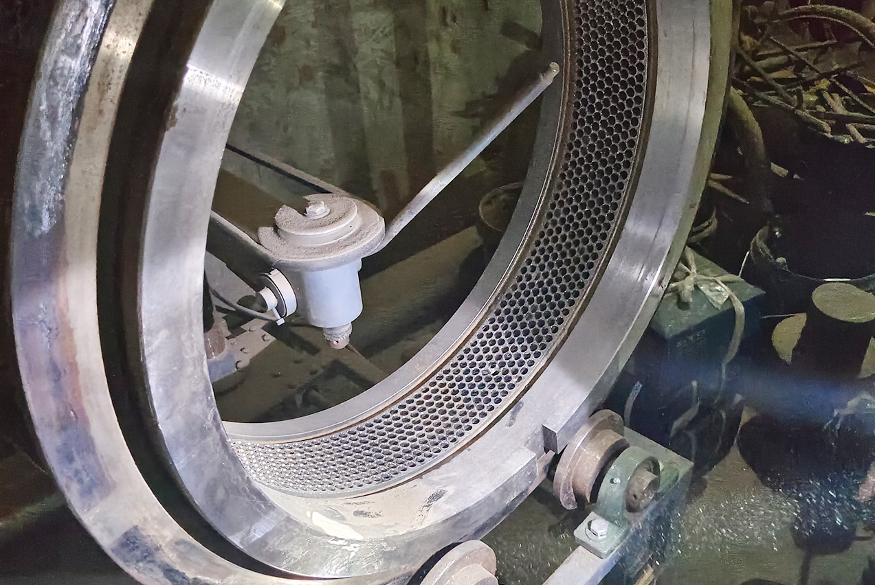 Close-up of a ring die showing 8 mm CNC-drilled holes and alloy steel surface before heat treatment