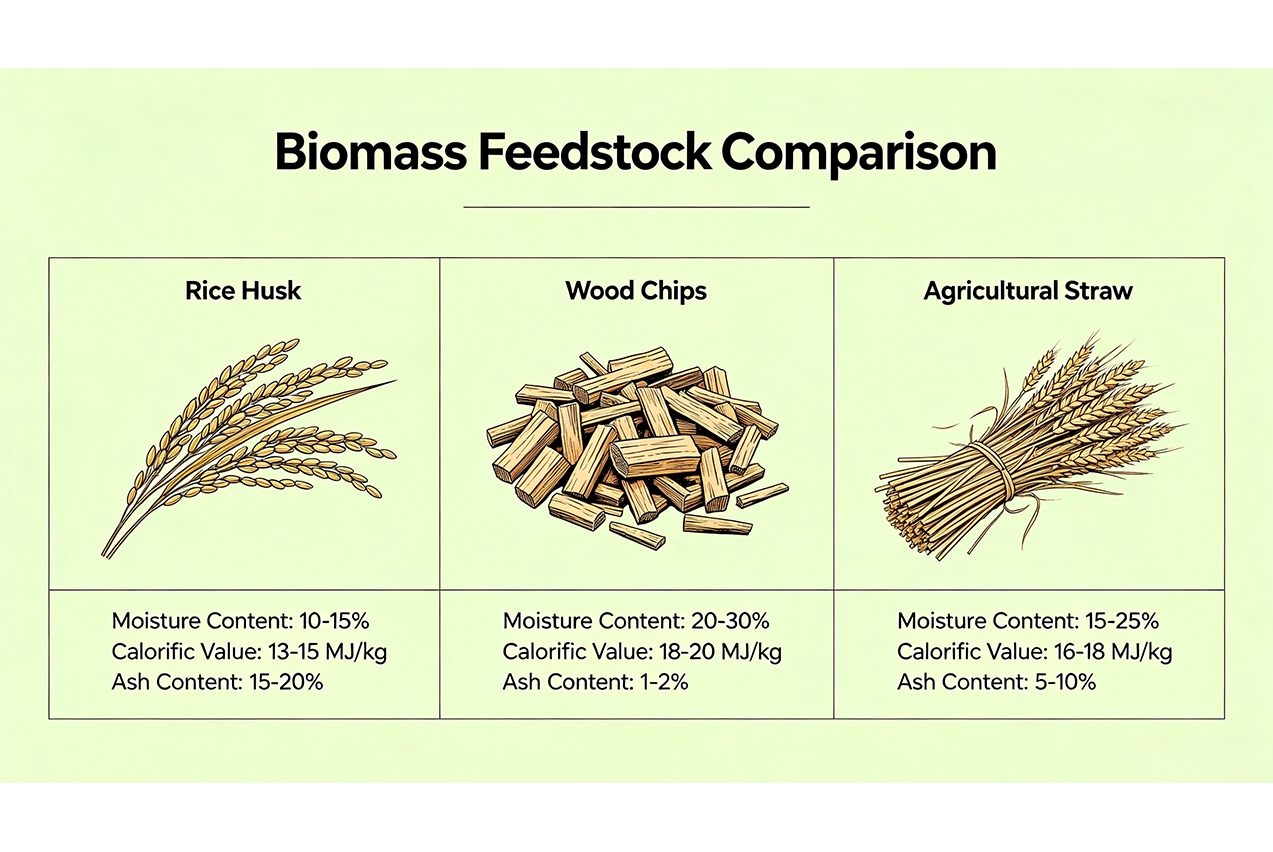 Comparison of biomass feedstocks including rice husk, wood chips, and agricultural straw