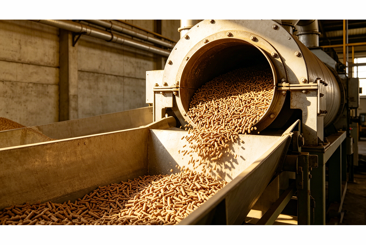 Industrial biomass pellets being loaded into a large-capacity boiler feed system
