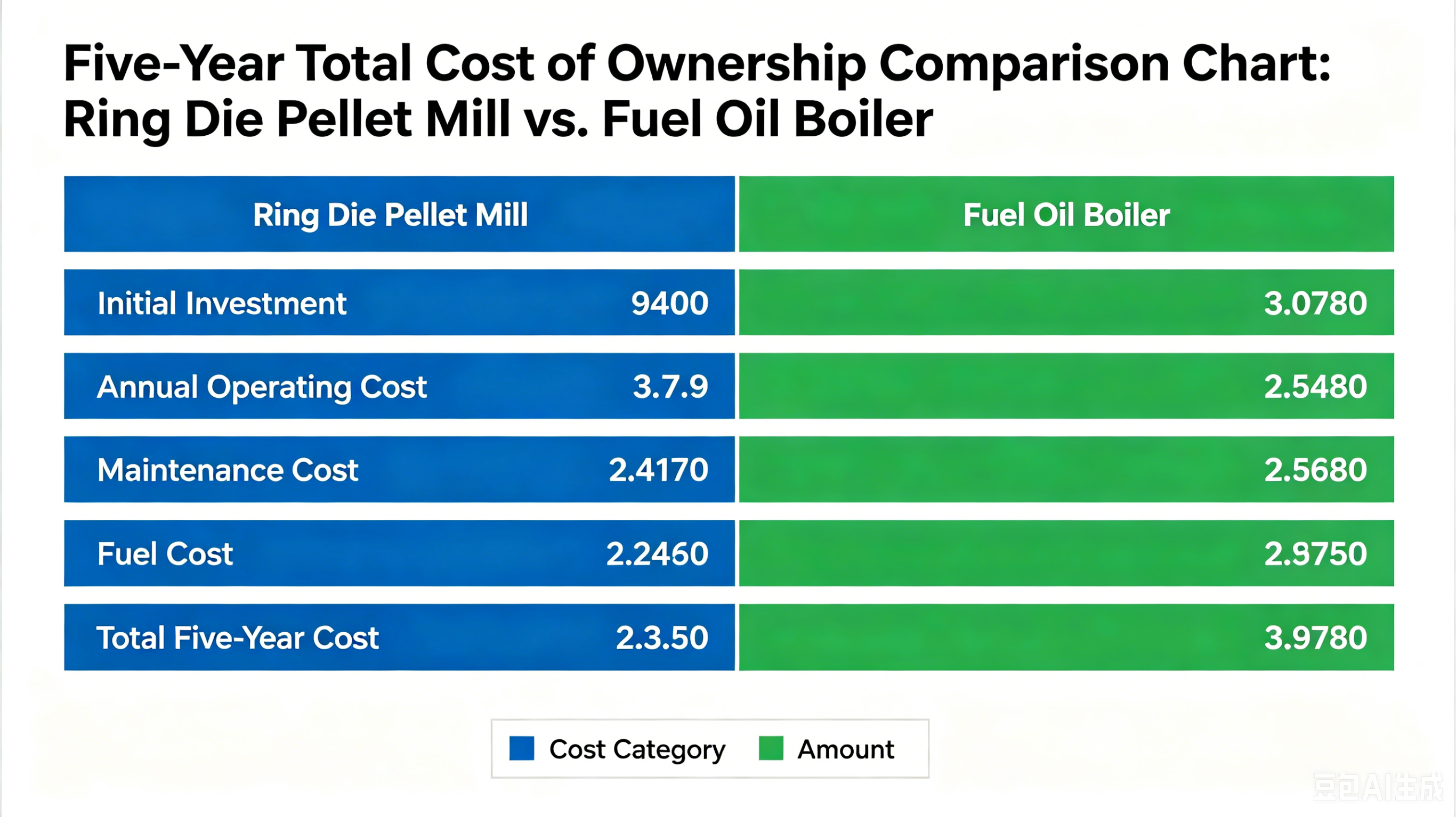 Five-year total cost of ownership comparison chart for ring die pellet mill versus fuel oil boiler